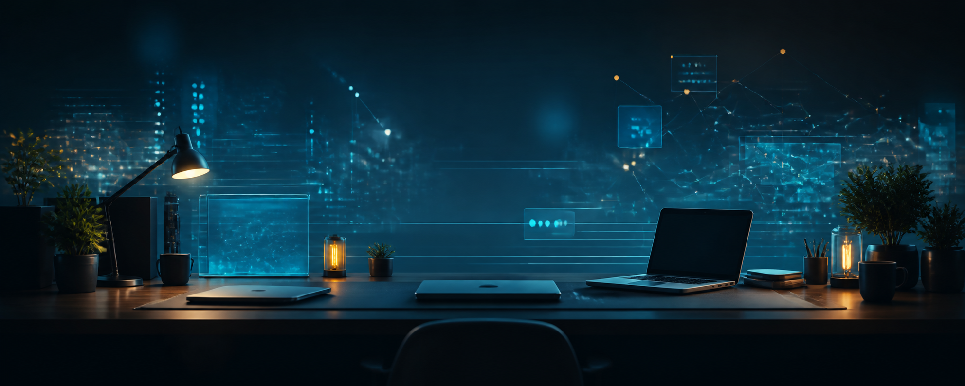 A modern software development workspace illuminated by connected digital displays